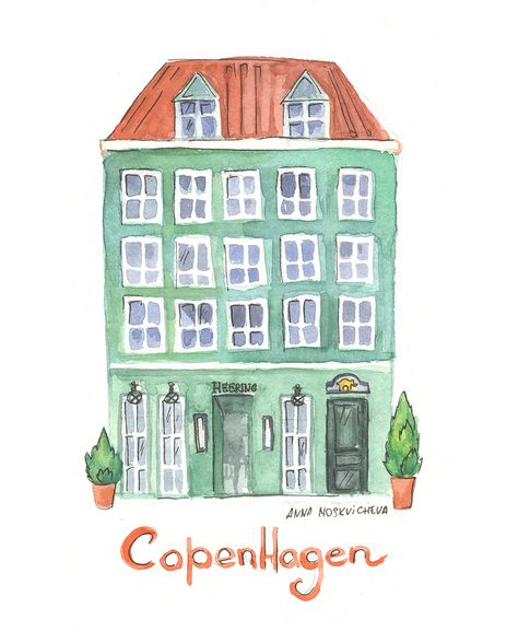 Copenhagen Aesthetic Wallpaper, Copenhagen Watercolor, Copenhagen Drawing, Copenhagen Illustration, Copenhagen Painting, Drawing Buildings, Copenhagen Aesthetic, City Sketches, Minimalist Journal