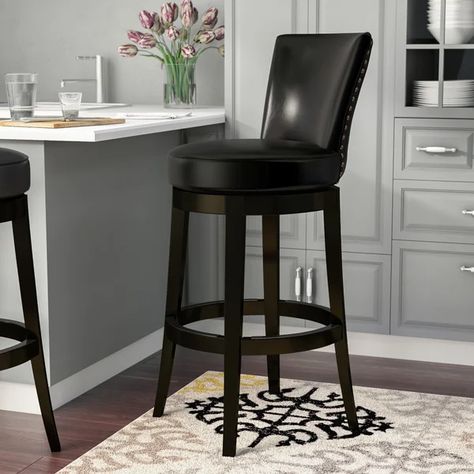 Alesja Swivel Counter or Bar Height Armless Bar Stool with Footrest in Faux Leather and Black Wood Stools For Kitchen Island, Snack Bowl, Swivel Counter Stools, Bar Height Stools, Swivel Stool, Wood Counter, Buying A New Home, Nail Head, Counter Height Stools