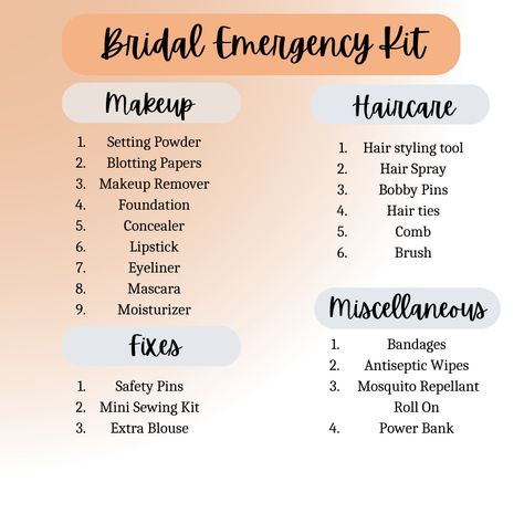 A well-organized Indian bride emergency kit, containing essential items like safety pins, touch-up makeup, tissues, and more, ready to tackle any unforeseen situations on the wedding day. Makeup Kit For Bride List, Bride Essentials List Indian, Bride Emergency Kit, Bridal Emergency Kits, Makeup Kit Essentials, Wedding Emergency Kit, Mini Sewing Kit, Professional Makeup Kit, Wedding Diary