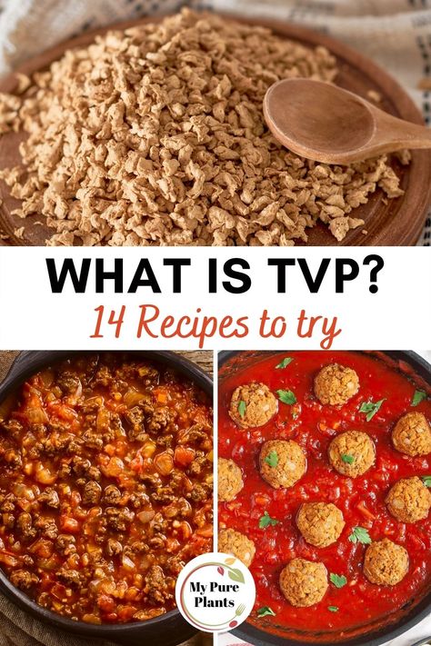 Textured Vegetable Protein aka TVP is a wonderful plant-based ingredient to use. I'll show you how. But what is TVP exactly? How to cook with it? Is it healthy, or gluten-free or vegan? What kind of recipes with TVP should you try first? To find the answers to those questions, please read on. Texturized Soy Protein Recipes, Textured Protein Recipes, Textured Soy Recipes, Tvp Chili Recipe, Textured Soy Protein Recipes, Vegan Tvp Recipes, Textured Vegetable Protein Recipes, Vegetable Protein Recipes, Meat Substitute Recipes