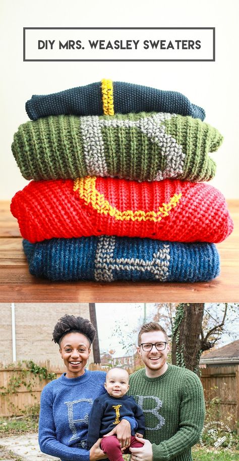 DIY Mrs. Weasley Sweaters make the perfect handmade gift for Christmas. But it doesn't require you to knit a whole sweater. Diy Harry Potter Sweater, Diy Weasley Sweater, Weasley Christmas Sweater, Harry Potter Sweater Crochet, Crochet Harry Potter Sweater, Crochet Weasley Sweater, Mrs Weasley Sweater, Christmas Craft Ideas To Make Diy Projects, Harry Potter Sewing Projects