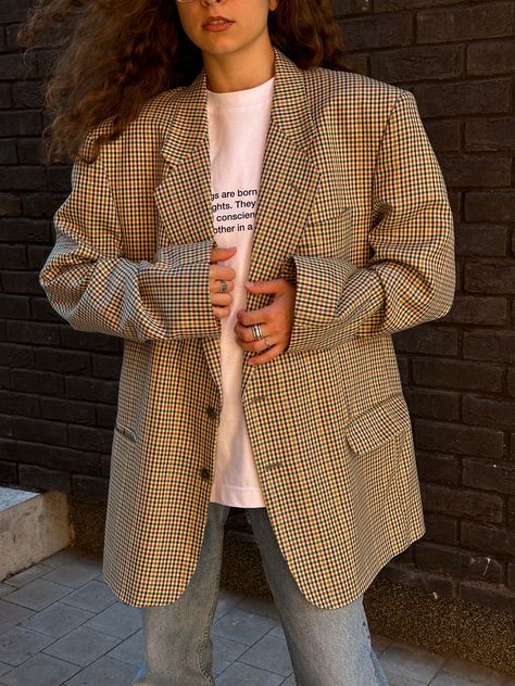 Brown Wool Blazer With Buttons, Classic Oversized Wool Blazer, 90s Oversized Blazer, Retro Wool Plaid Blazer, Vintage Brown Wool Blazer, Boyfriend Blazer, Checked Blazer, Vintage Blazer, Oversized Blazer