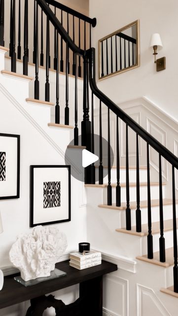 5,950 likes, 41 comments - nellabellacasa on March 30, 2022: "When it all starts coming together 🤩 #stairway #stairwaydecor #stairwaydesign #pendantlights #mirrors #blackstaircase #railingrefresh ...". Stair Railing Ideas Black And White, Black Risers On Stairs, Black And White Bannister, Black Spindles Staircase, Black White Staircase, Black And White Staircase, Black Staircase, Black Wood Stain, White Staircase