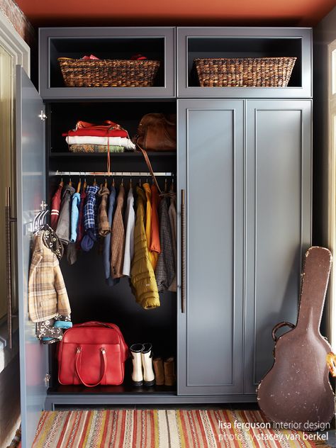 Riverdale Entry Mudroom | Custom Armoire closet  Lisa Ferguson Interior Design   >>>> PERSONALIZED, SENTIMENTAL and THOUGHTFUL + INNOVATIVE PROBLEM SOLVING full service interior & furniture design firm in Toronto, Canada <<<< www.lisafergusoninteriordesign.com Coat Room Design, Coat Closet In Kitchen, Armoire For Coats, Armoire In Foyer, Creative Coat Closet Ideas, Mudroom With Coat Closet, Mudroom Ideas Entryway Closet, Built In Coat Closet Entryway, Armoire Coat Closet