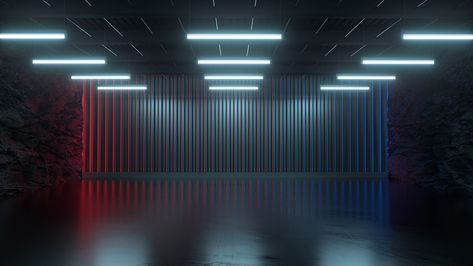 Empty room with glowing neon light and stone walls, abstract space #garage #hangar #technology #futuristic #wallpaper #background #future #neon #empty #space #cyber #industrial F1 Garage Aesthetic, Futuristic Garage, Garage Illustration, Garage Wallpaper, Action Background, Garage Background, Futuristic Wallpaper, Scifi Decor, Futuristic Lighting