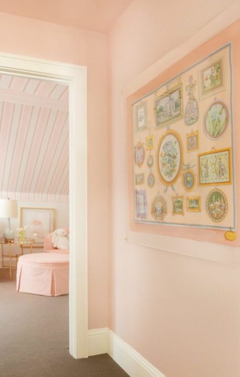 Framed Gucci Scarf, Stripe Ceiling, Striped Ceiling, Leslee Mitchell, White Baseboards, Striped Nursery, Girls Playroom, Adorable Nursery, Striped Walls