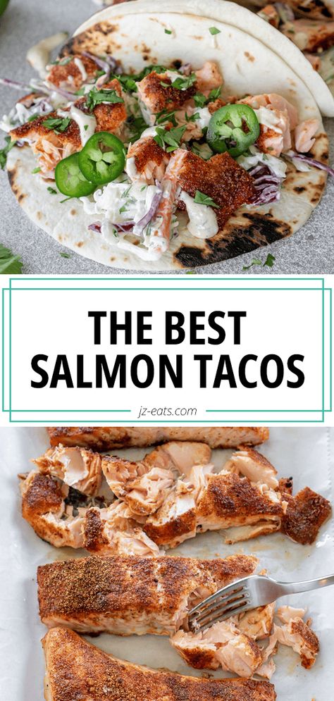 Blackened Salmon Tacos Salmon Soft Tacos, Spicy Salmon Tacos, Salmon Recipes Tacos, Blackened Salmon Tacos Recipe, Crispy Salmon Tacos, Salmon Taco Recipes, Salmon Tacos Recipe Easy, Smoked Salmon Tacos, Blacken Seasoning