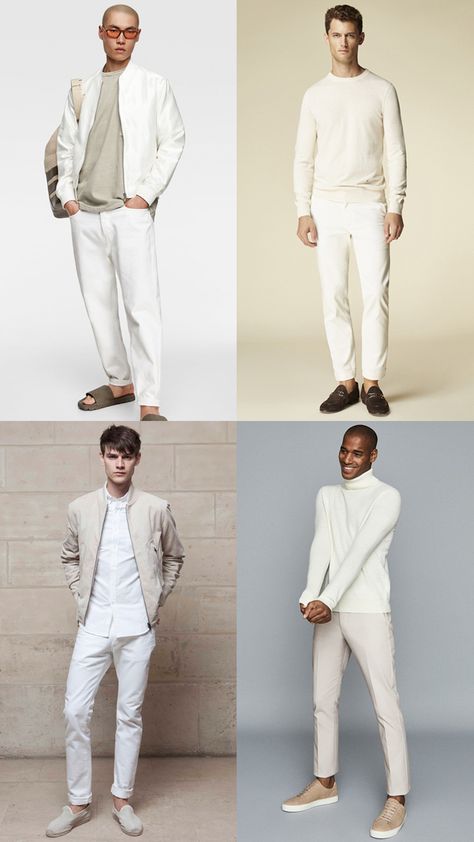 How To Wear Neutrals: 6 Easy Ways To Get Dressed In The Dark | FashionBeans White Beige Outfit Men, Neutral Mens Outfits, White Christmas Outfit, Neutral Knitwear, Neutral Winter Outfit, Neutral Color Outfits, Beige Clothing, Neutral Clothing, Christmas Wardrobe