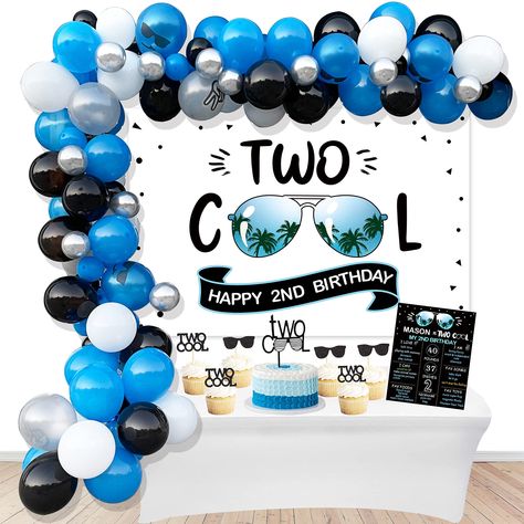 PRICES MAY VARY. 103pcs Two Cool Birthday Decorations - Package includes:94pcs two cool balloon garland kit set, 1pcs two cool birthday backdrop, 1pcs two cool cake topper, 6pcs two cool & sunglasses cupcake toppers, 1pcs two cool milestone poster. Easy Set Up - Balloons ship flat and will require inflation and assembly. Assembly this set can take anywhere from an hour. Please plan ahead. For maximum ease, we recommend an electric or hand air pump (not included) to inflate the balloons. Package Two Cool Birthday Party, Two Cool Birthday, Two Year Old Birthday, School Birthday Party, Birthday Decorations At Home, 2nd Birthday Boys, Boy Birthday Decorations, Two Cool, Simple Birthday Decorations