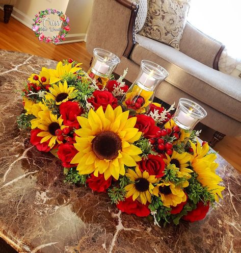 This duo of roses and Sunflowers is absolutely exquisite!! Prettier in person Measuring largely at about 23" long and 12" wide, it is sure to make a stunning statement with your decor! Sun Flower Wedding Centerpieces, Sunflower And Red Roses Centerpieces, Sunflower And Rose Wedding, 10th Anniversary Decorations, Red Rose Centerpiece Wedding, Red Roses And Sunflowers, Wedding Sunflowers, Roses And Sunflowers, Sunflower Ideas