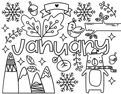 January coloring page ENGLISH and SPANISH January Coloring Pages For Kids, January Coloring Pages Free Printable, January Doodles, January Coloring Pages, Embroidery Journaling, Aba Clinic, Childcare Resources, January Holidays, January Cover Page