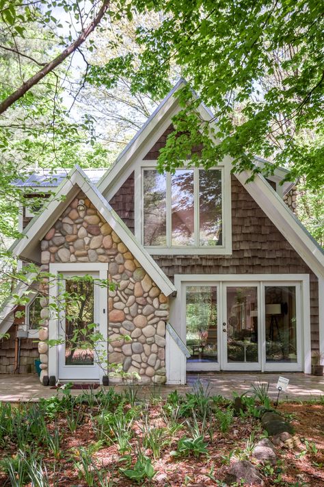 Cottages And Cabins, A Frame Stone House, Partial A Frame House, Rock Cottage Exterior, Stone And Wood Cabin, Cool Cottages, Forest Cottage Exterior, A Line Cabin, Wood Cottage Exterior