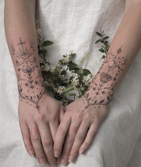 Whimsical Botanical Tattoo, Floral Wrist Hand Tattoo, Long Wrist Tattoo, Forestcore Tattoo, Meaningful Nature Tattoos, Tree Hand Tattoo, Floral Hand And Finger Tattoo, Whimsical Leg Tattoo, Color Vine Tattoo