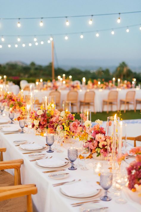 Cabo Weddings, Bright Wedding, Wedding Theme Colors, Future Wedding Plans, Sunset Wedding, Garden Party Wedding, Long Table, Wildflower Wedding, Wedding Table Settings