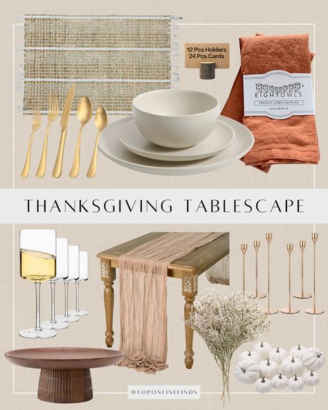 Linen Tablescape, Gold Candlestick Holders, Wood Place Card Holders, Thanksgiving Party Decor, Wicker Placemats, Rustic Table Numbers, Thanksgiving Napkins, Thanksgiving Table Decor, Fake Pumpkins