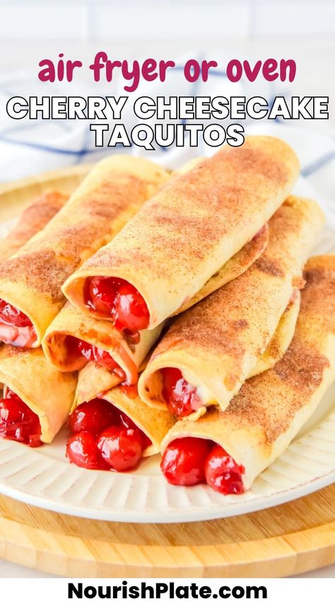 Cherry Cheesecake Taquitos Apple Pie Taquitos Recipes, Air Fryer Cherry Pie Taquitos, Fruit Taquitos, Cherry Taquitos, Tortilla Dessert Recipes Air Fryer, Dessert Taquitos, Cherry Filling Dessert, Cheesecake Taquitos, Cherry Cheesecake Tacos