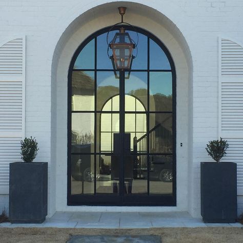 Black Glass Front Door, Glass Arched Door, Front Door Arch, Modern Front Door Ideas, Crittal Doors, Door Arch, Custom Exterior Doors, Gas Lamps, Front Door Inspiration