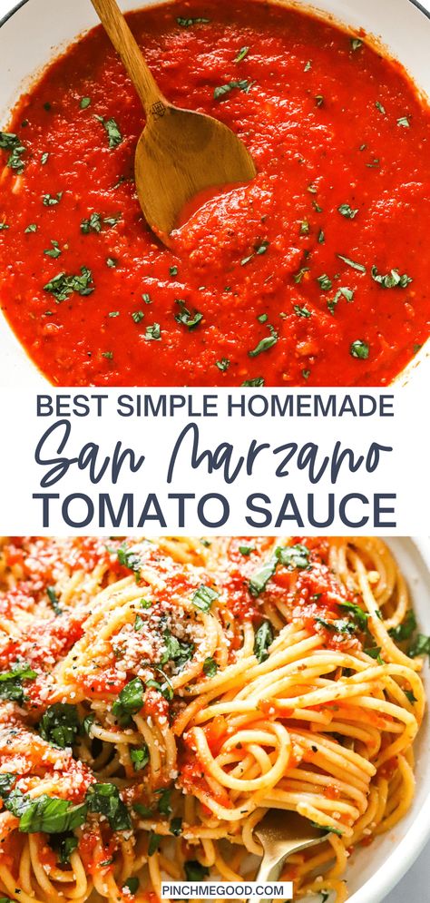 A simple and easy homemade San Marzano Tomato sauce that is full of rich, luscious Italian flavors. This 2-step sauce recipe is going to be your new favorite. Use it on pasta, pizza, or even chicken parmesan! Best Italian Tomato Sauce Recipe, Italian Red Sauce Recipe, Tomato Sauce For Meatballs, Pasta Sauce Recipes Tomato, San Marzano Tomato Sauce, Red Sauce Recipe, Italian Pasta Sauce, Italian Tomato Sauce, Red Sauce Pasta