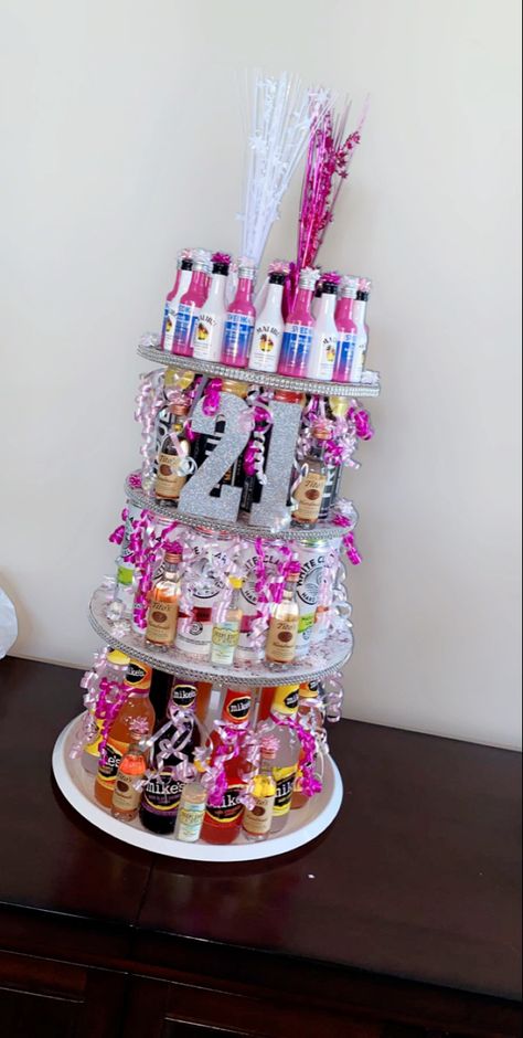 21st Birthday Keepsake Ideas, 18th Birthday Alcohol Gift Ideas, 21st Birthday Gift Wrapping Ideas, Spring 21st Birthday Party, 21st Birthday Drink Tower, 21st Birthday Alcohol Cake Tower, 21sr Birthday Gifts For Her, 21st Alcohol Tower, 21st Birthday Alcohol Basket