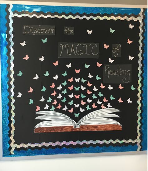 Discover The Magic Of Reading, Magic Themed Bulletin Boards, Reading Is Magical Bulletin Board, Magic Theme Classroom, Magic Words For Kids Classroom, Magic Words Classroom Decoration, Middle School Reading Classroom, Language Arts Bulletin Boards, Reading Is Magical