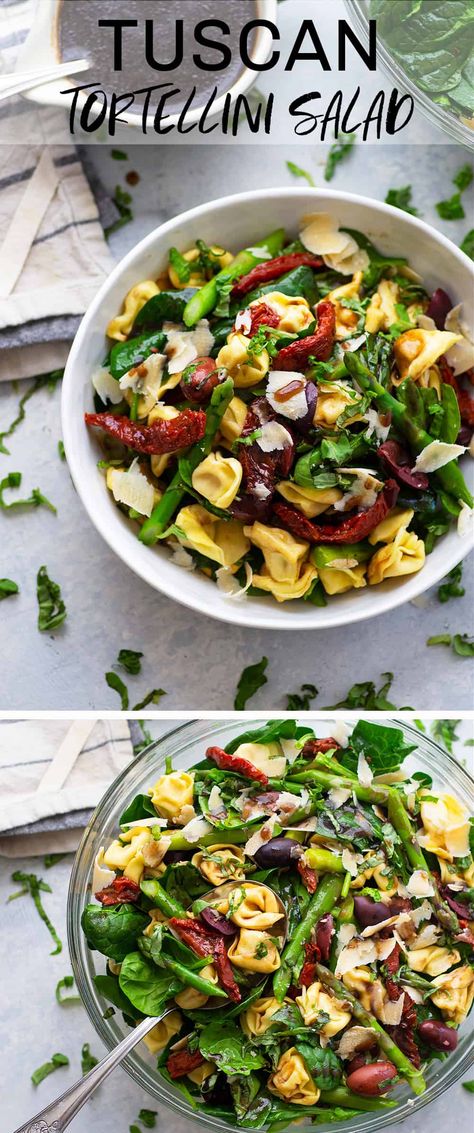 Tuscan tortellini salad is packed with tangy sun-dried tomatoes, fresh baby spinach, and tossed in a sweet honey balsamic dressing. This colorful salad is perfect for meal-prepping and makes an incredible cookout side dish! Lake Meals, Tuscan Salad, Tuscan Tortellini, Honey Balsamic Dressing, Honey Balsamic Vinaigrette, Tuscan Pasta, Colorful Salad, Cookout Side Dishes, Pasta Salad With Tortellini