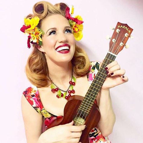 She's just adorable! Hair was styled by @mandympinup using Suavecita. Picture by @roknbellas. #Suavecitapomade #Suavecita #Pomade #Hair #Hairstyle #Victoryrolls #Vintagehair #Pinuphair #Retro #Music #Ukulele #Cutie #Vintage #Love #Tropical #Tiki #Beautiful #Hotd #Motd #Getitrucca! Suavecita Pomade, Pinup Hair, Victory Rolls, Pin Up Hair, Products Makeup, Retro Music, Vintage Hairstyles, Vintage Love, Hair Products