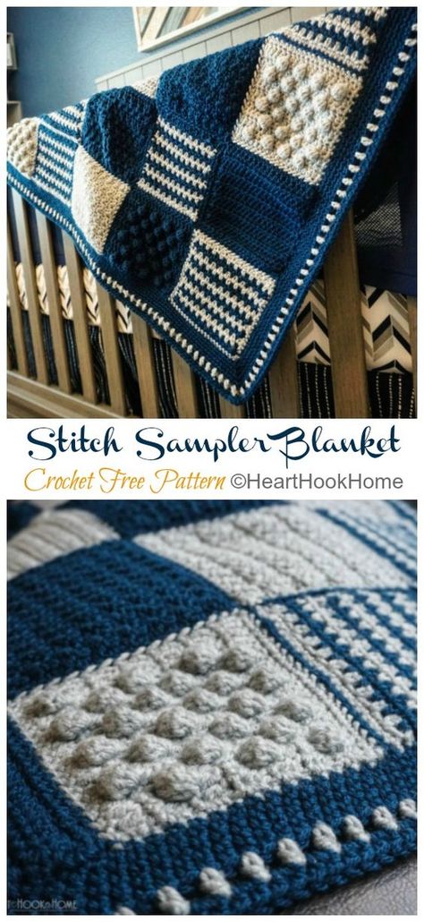 Crochet Sampler Afghan, Crochet Sampler Blanket, Stitch Sampler, Crochet Blanket Designs, Crochet Granny Square Blanket, Crochet Quilt, Crochet Patterns Free Blanket, Haken Baby, Granny Square Blanket