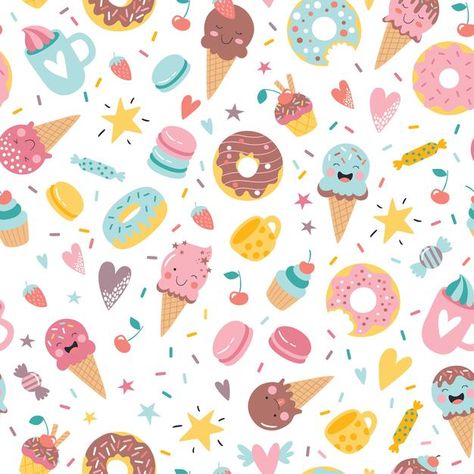 Cute hand drawn ice cream donuts cupcake... | Premium Vector #Freepik #vector #food #birthday #heart #bakery Cute Ice Cream Wallpaper, Donut Background, Draw Ice Cream, Ice Cream Background, Donut Cupcakes, Ice Cream Wallpaper, Candy Background, Candy Drawing, Candy Theme Birthday Party