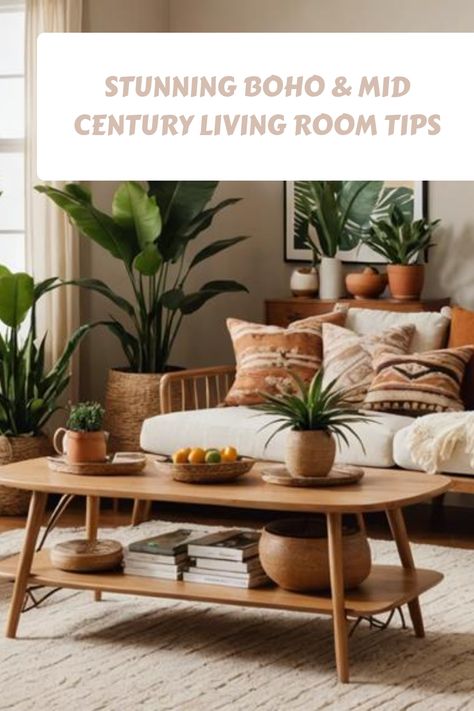 Boho and mid-century modern living room with plants and wooden furniture. Boho Mid Century Living Room, Organic Mid Century, Mid Century Boho Living Room, Eclectic Inspiration, Kitchen Flooring Trends, Kitchen Tile Inspiration, Ensuite Bathroom Designs, Industrial Chic Kitchen, Vibrant Color Schemes