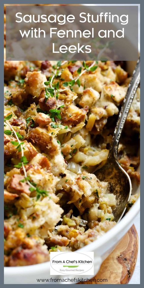 Whether you call it stuffing or dressing, this easy holiday side dish recipe is the perfect way to elevate store-bought stuffing cubes! Sausage Stuffing with Fennel and Leeks is sure to become a family holiday favorite! Sausage Leek Stuffing, Sausage And Leek Stuffing, Leek Stuffing Thanksgiving, Mushroom Leek Stuffing, Leek Sausage Recipes, Fennel Stuffing, Leek Stuffing, Easy Sausage Stuffing, Pancetta Stuffing