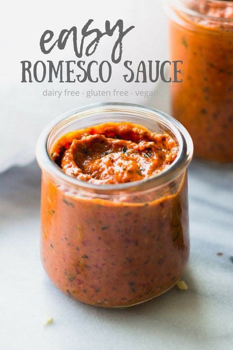 Easy Romesco Sauce - a super flavorful sauce that's excellent on sandwiches, with cheese and crackers, as a pasta sauce, on fish... endless possibilities! | Fork in the Kitchen #recipe #forkinthekitchen #vegan #vegetarian Recipe Sauce, Romesco Sauce Recipe, Romesco Sauce, Cheese And Crackers, Kitchen Recipe, Toasted Almonds, Pasta Sauce, Marinara, Mediterranean Recipes