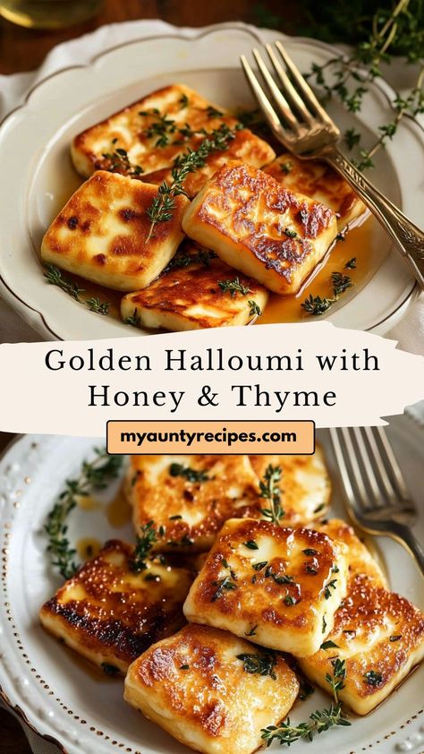 Elevate your appetizers with this pan-fried halloumi dish! Golden, crispy edges pair beautifully with a drizzle of honey and a sprinkle of thyme for a sweet and savory combination. Simple yet elegant, this recipe is perfect for entertaining or enjoying as a light, satisfying snack. Honey In Recipes, Baking Savory Recipes, Honey Based Recipes, Halumi Cheese Appetizer, Halloumi Snacks, Fancy Vegetarian Recipes, Halloumi Appetizer, Honey Halloumi, Halloumi Cheese Recipes