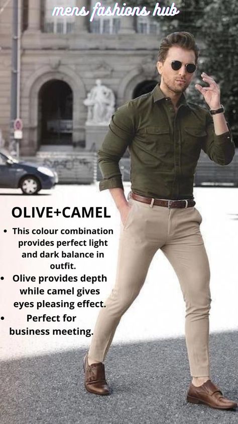 Green Shirt Beige Pants Men, Brown Khaki Pants Outfit Men, Tan Chinos Men Outfits, Beige Pants Outfit Men Formal, Khaki Pants Outfit Men Formal, Dark Khaki Pants Outfit, Mens Semi Formal Wear, Olive Green Shirt Outfit, Shirt Color Combinations