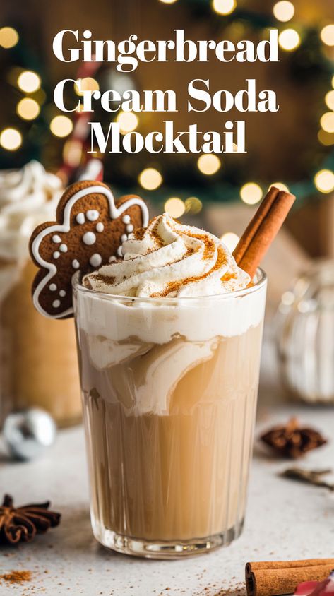 "Indulge in the festive spirit with this delightful Gingerbread Cream Soda Mocktail Recipe! Perfect for holiday gatherings, this refreshing drink combines the warm, spicy notes of gingerbread flavors with bubbly cream soda. Enjoy this unique Gingerbread Mocktail as a standout among your holiday drinks and festive non-alcoholic beverages. Ideal for Christmas cocktails, this recipe is a must-try for anyone looking to celebrate the season with a delicious twist!" Cream Soda Mocktail, Holiday Cocktails And Mocktails, Gingerbread Mocktail Recipe, Dry Mocktails, Swig Recipes Drinks, Virgin Holiday Drinks, Christmas Virgin Drinks, Fun Christmas Drinks Nonalcoholic, Christmas Drinks Kids