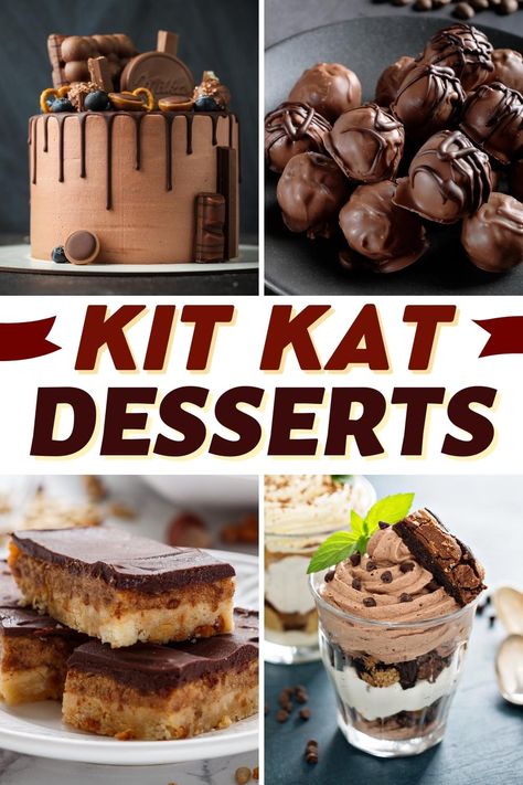 Kit Kat desserts are just what they sound like: desserts made with Kit Kats. I'm talking scrummy cakes, delicious cookies, yummy truffles, and more! Kit Kat Dip Recipes, Kit Kat Truffles, Kit Kat Desserts, Kit Kat Trifle, Kit Kat Dip, Kit Kat Dessert Recipes, Kitkat Chocolate Cake, Kit Kat Dessert, Kit Kat Cupcakes