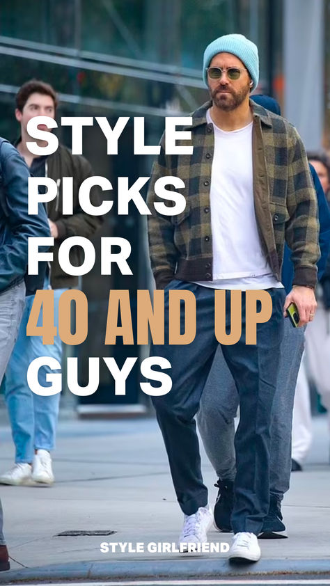 headline: style picks for 40 and up guys, image: Ryan Reynolds in plaid jacket and beanie 35 Yr Old Mens Fashion, Fashion Men Over 40 Casual Street Styles, Men Fashion 40s, 40yo Mens Fashion, Mens Over 40 Fashion For Men, Men’s Casual Fashion Over 40, Men Over 50 Summer Fashion, Male Celebrity Style, Mens Style 40 Year Old