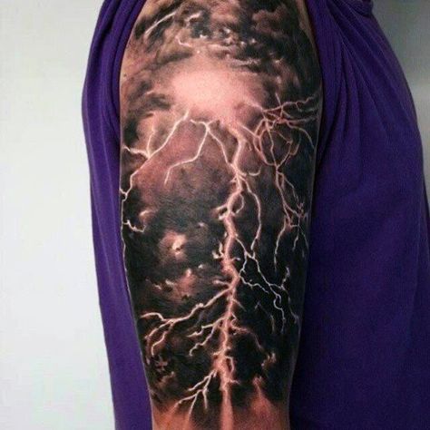 Thunderstorm Half Sleeve Realistic Tattoos Men Rose Tattoo Black, Blitz Tattoo, Tattoo Bras Homme, Cloud Tattoo Design, Storm Tattoo, Lightning Tattoo, Cool Arm Tattoos, Cloud Tattoo, Half Sleeve Tattoos For Guys