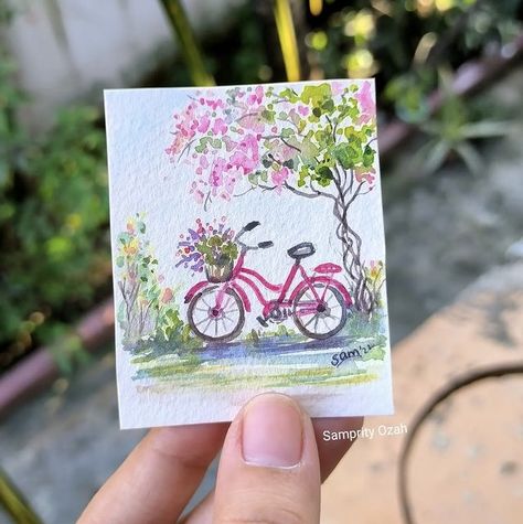 Small Water Colour Painting, Mini Watercolor Paintings, Painting Idea For Beginners, Cycle Painting, Katie Green, Miniature Watercolor, Acrylic Painting Inspiration, Watercolor Beginner, Watercolor Lessons