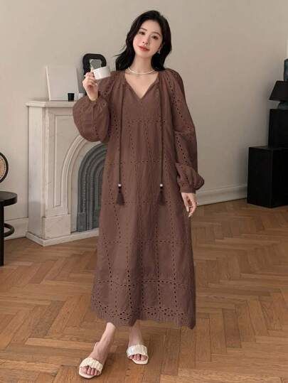 Plain Tunic, Eyelet Embroidery, Coffee Brown, Women Long Dresses, Embroidery Dress, Lantern Sleeve, Long Dresses, Tie Neck, Lantern Sleeves