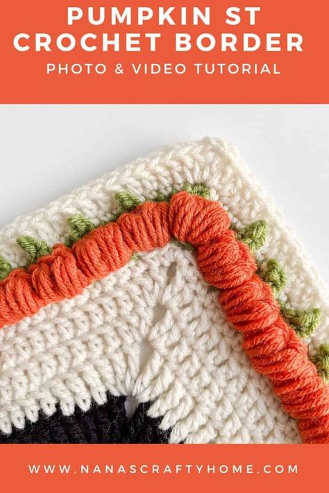 A Pumpkin Crochet Blanket Border is a free crochet pattern by Nana's Crafty Home! Discover the beauty of autumn in crochet with our Pumpkin Crochet Border pattern! 🍂 This meticulously crafted edging boasts vibrant pumpkin motifs set against a neutral backdrop, complete with delicate green leaves. Perfect for blankets, table runners, or festive garments. Add a touch of fall to your next project. 🧶 Fall Afghan, Blanket Border, Border Crochet, Fall Crochet Projects, Crochet Blanket Border, Crochet Blanket Edging, Crochet Border Patterns, Crochet Throw Pattern, Crochet Border