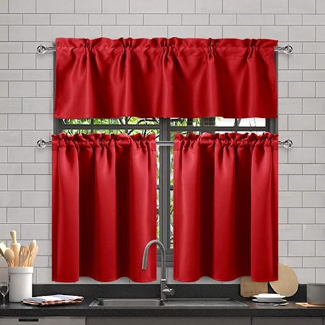 Amazon.com: DWCN 3 Piece Blackout Kitchen Curtain Set Rod Pocket Top Kitchen Window Curtain - Thermal Insulated Energy Saving, W60 x L18 Valance, 2 Panels of W32 x L36 inch Tiers, Red : Home & Kitchen Red Kitchen Curtains, Kitchen Curtain Sets, Country Curtains, Top Kitchen, Kitchen Curtain, Red Curtains, Curtain Valance, Thermal Curtains, Red Kitchen