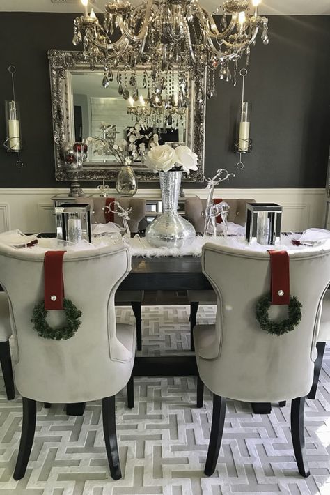 DIY Dining Chair Wreath Decorating Dining Room Chairs For Christmas, Dinning Chair Christmas Decor, Diy Christmas Chair Decor, Christmas Chairs Decor, Chair Christmas Decorations, Dining Chair Christmas Decor, Christmas Chair Covers Diy, Christmas Dining Chair Decor, Wreath On Chair Back