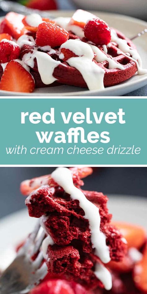 Call it breakfast, or call it dessert - these Red Velvet Waffles with strawberries, raspberries, and a cream cheese drizzle will make your tastebuds happy! Cream Cheese Waffle Topping, Raspberry Waffles Recipe, Waffles With Cream Cheese, Waffles With Strawberries, Red Velvet Muffins, Cream Cheese Drizzle, Gooey Desserts, Icing Drizzle, Red Velvet Waffles