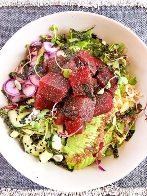 Vegan Beet "Poke' Bowls Beet Poke Bowl, Beet Poke, Chef Bai, Low Fat Vegan Recipes, Poke Salad, Poke Bowls, Coconut Aminos, Beet Recipes, Vegan Main Dishes