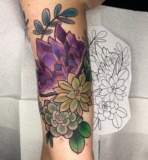 Geode Tattoo, Amethyst Tattoo, Crystal Tattoo Ideas, Crystal Tattoos, Succulent Tattoo, Crystal Mandala, Mushroom Crystal, Crystal Tattoo, Ruby Crystal