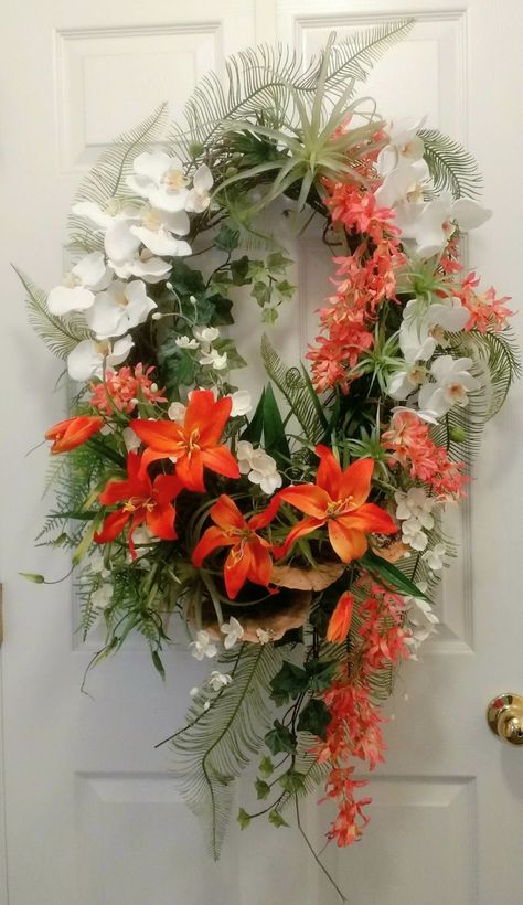 Tropical Wreaths, Orchid Wreath, Lily Wreath, Summer Arrangements, Moss And Lichen, Orange Lilies, Arrangement Flowers, Tropical Wreath, Floral Grapevine