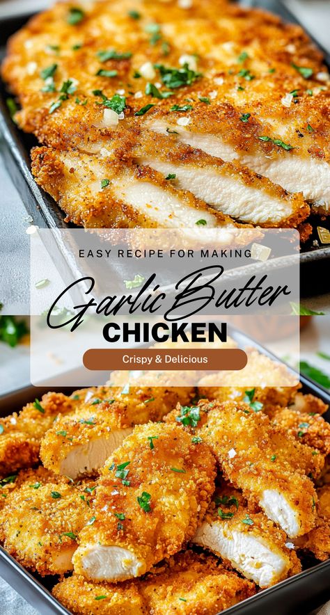 This Crispy Garlic Butter Chicken recipe brings together the best of both worlds—crispy, golden chicken with a juicy interior, enhanced with a rich garlic butter sauce. With a crunchy Parmesan and breadcrumb coating, each bite delivers a satisfying texture and savory flavor that’s hard to resist.

Serve it with your favorite side dish, and you’ve got a delightful meal that will be a hit with everyone at the table! Chicken Cutlet Recipes Easy, American Test Kitchen, Make Garlic Butter, Chicken Cutlet Recipes, Chopped Cheese, Crispy Garlic, Butter Chicken Recipe, Garlic Butter Chicken, Chicken Cutlets