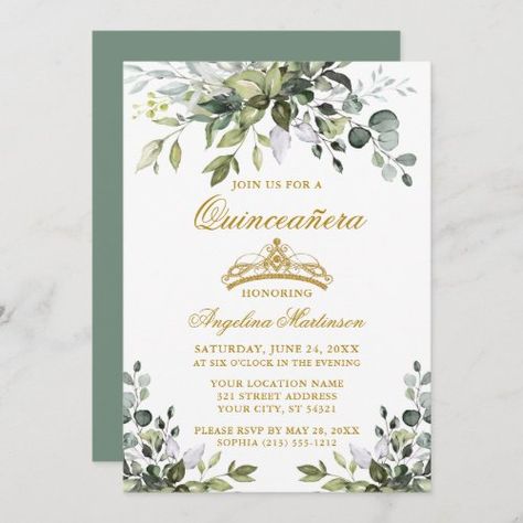 $ 2.92 | Watercolor Greenery Sage Green Quinceañera Gold - quinceanera, quinceanera, birthday party, 15th birthday, watercolor botanical greenery, rustic eucalyptus leaves, modern, elegant, gold crown tiara, sage green Quinceñera Invitations, Green Quinceanera Theme, Gold Quinceanera, Birthday Watercolor, Green Quince, Debut Invitation, Quince Invitations, Quinceanera Planning, Quince Decorations