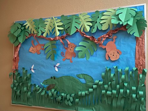 Safari board with crocodile and monkeys Safari Display Board, Monkey Bulletin Board Ideas, Monkey Bulletin Boards, Jungle Vbs, Vbs Jungle, Bulletin Board Design, Teacher Board, Teacher Boards, Hand Lettering Art