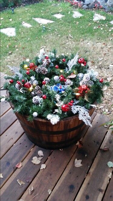 Whiskey barrel Christmas Outdoor Whiskey Barrel Christmas Decor, Christmas Whiskey Barrel Decorations, Wine Barrel Christmas Decor, Whiskey Barrel Christmas Decor, Barrel Christmas Decor, Whiskey Barrel Garden, Whiskey Barrel Flowers, Wine Barrel Decor, Outdoor Christmas Decoration Ideas